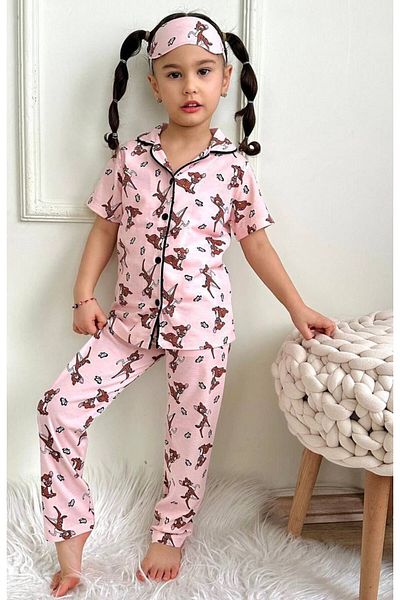 Lolliboomkids Комплект пижама в розов цвят за момиче, лента за глава с V-образно деколте и копчета с елен
