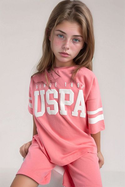 U.S. Polo Assn. Set de tricou bermude pentru fete, 100% bumbac, cu 2 fire