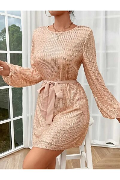 elissaa UZUN KOLLU PUL PAYET MİNİ ELBİSE