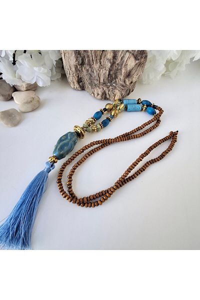 azra takı tasarım Handmade authentic,blue bohemian ceramic,lav stone,indian glass,zamak plated,wooden long women's necklace