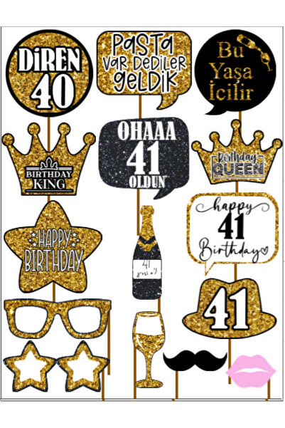 Hiras Dizayn 41 Year Old Women Men 15Pieces Gold Sparkle Slogans Birthday Party Speech Balloon Selfie Sticks