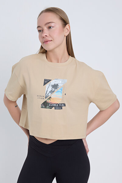 Velvoria Γυναικείο oversized Summer Vibe με τύπωμα Μπεζ Χρώμα Crop