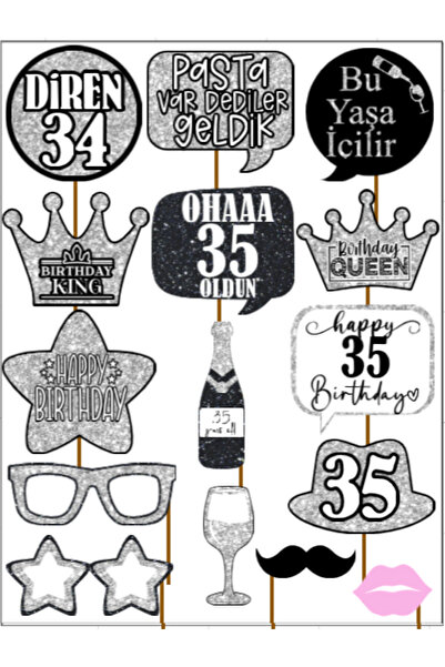 Hiras Dizayn 35 Years Old Women Men 15Pieces Silver Sparkle Slogans Birthday Party Speech Balloon Selfie Sticks