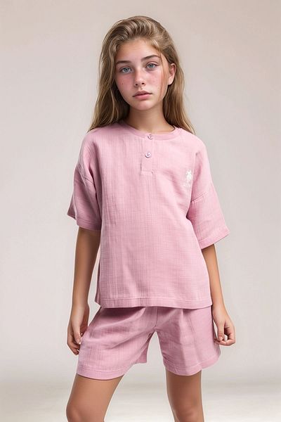 U.S. Polo Assn. Girl's Woven Fabric 100% Cotton Crew Neck T-Shirt Shorts Set