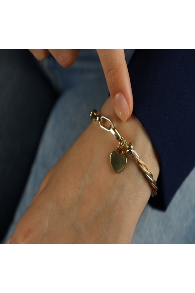 NEW'ORO JEWELRY ÜÇ RENK ALTIN BİLEKLİK - Kalpli Charm Detaylı