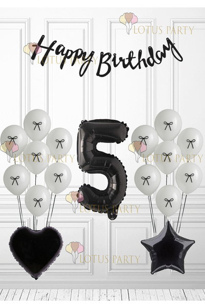 LOTUS PARTY بالون أبيض مع شريط أسود، رقم أسود، قلب أسود، نجمة سوداء - أسود - أبيض، عيد ميلاد 5 سنوات