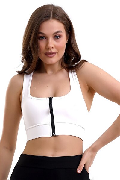 EMFURE Beyaz Crop Pedli Destekli Dolgulu Önü Fermuarlı Spor Sütyeni