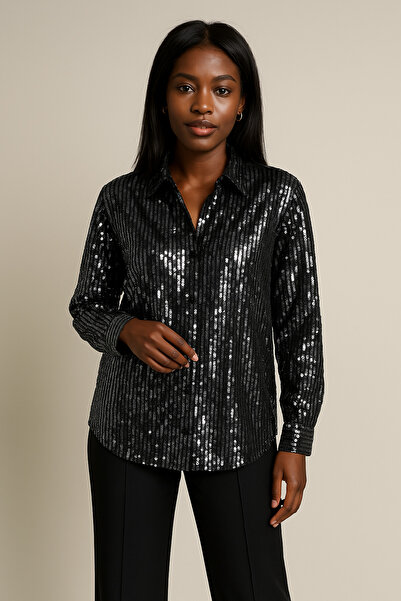 UNTIMELY Siyah Tül Üzeri Silver Payet İşlemeli Tasarım Transparan Gömlek