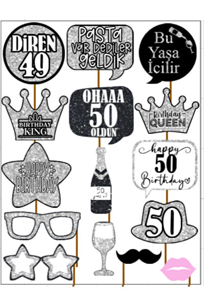 Hiras Dizayn 50 Years Old Women Men 15Pieces Silver Sparkle Slogans Birthday Party Speech Balloon Selfie Sticks