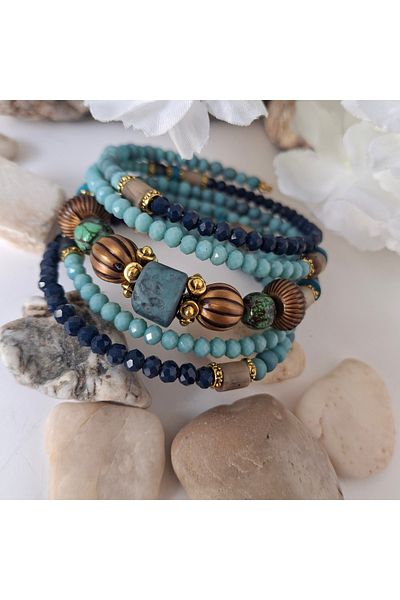 azra takı tasarım Handmade turquoise and blue tones,lavastein,crystal natural stone multiple,inlaid,multiple women's bracelet