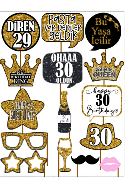 Hiras Dizayn 30 Year Old Women Men 15Pieces Gold Sparkle Slogans Birthday Party Speech Balloon Selfie Sticks