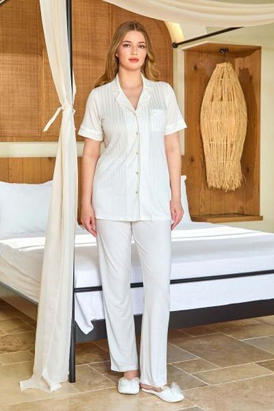 Cossy By Aqua 25510 Women's Cream Short Sleeve Shirt Collar Viscose Pajama Set
