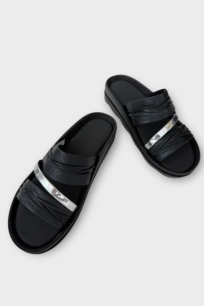 Liger Papuci de damă cu talpă cu pană anatomică, moale, confortabile, NEGRU - ARGINTIU