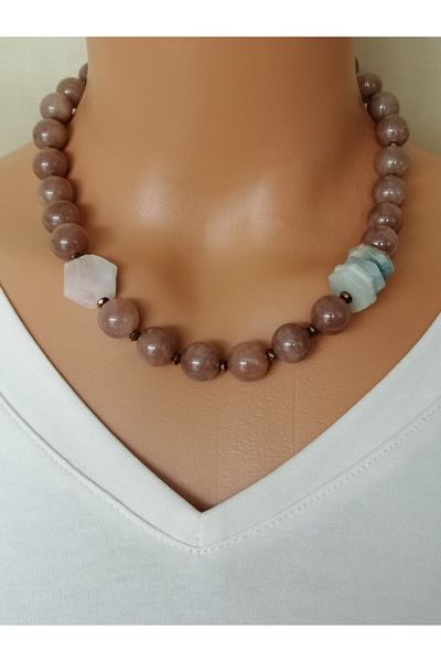 LemaStone Natural Stone Necklace and Steel Bracelet, 12 mm Strawberry Quartz and Aquamarine