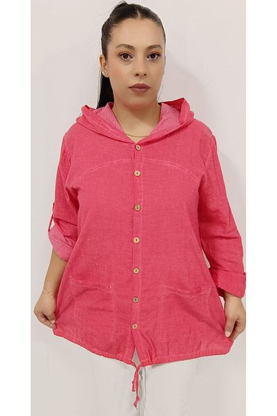 AKŞEN GİYİM Large Size Organic Washed Cotton Linen Hooded Buttoned Jacket with Sequin Pockets