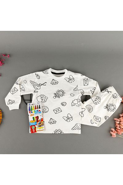bebegci 2-Piece Pajama Set for Children Unisex Girls with Coloring Pen and Wipes When Washed