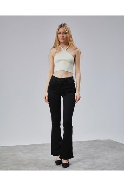 soBasic Pantaloni spanioli din denim negru cu talie înaltă Jean Recuperator