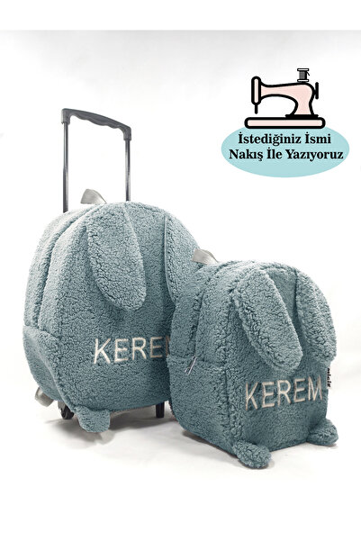 migie Kişiye Özel İsimli Çekçekli Çanta ve Sırt Çantası Anaokulu/Kreş Seti (2'li Set) İndigo Tavşan 2-6Yaş