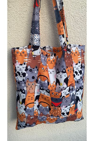 homecandleglow Cat Tote Bag, Eco-Friendly Tote Bag, Pocket Detailed Shoulder Bag, Shopping