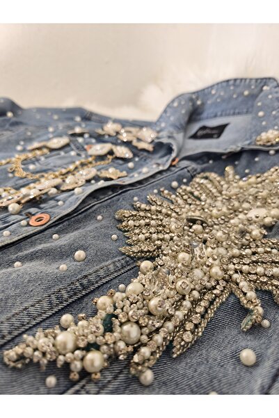 Sanat Collection Kadın kot denim ceket el işlemesi tasarım inci