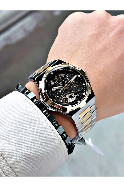 Reward Gold Silver Color Kaaba Pattern Automatic Mechanism Men Wristwatch + Bracelet