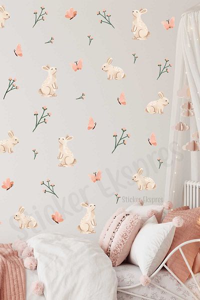 Sticker Ekspres Rabbit Butterfly and Branches with Buds Children's Room Wall Sticker Set