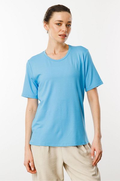 Desen Triko Tricou de bază din bumbac pieptănat cu decolteu rotund pentru femei, albastru