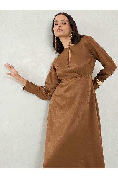 Femmella By Styli Solid Keyhole Neck Satin A-Line Midi Dress