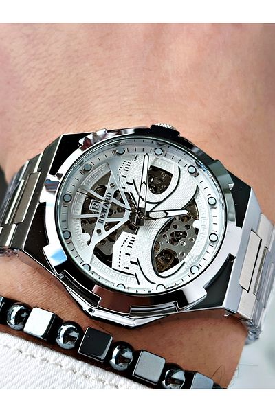 Reward Silver Color Kaaba Pattern Automatic Mechanism Men's Wristwatch + Bracelet
