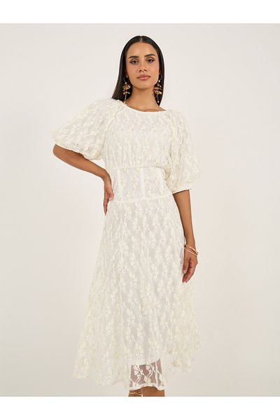 Styli Lace Balloon Sleeves A-Line Midi Dress
