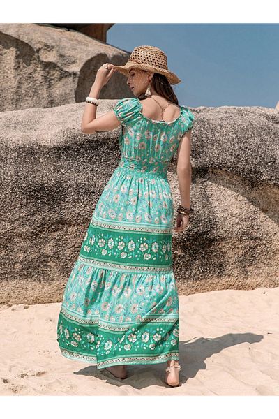 Russty Dustty By Styli Printed V Neck Cap Sleeve Maxi Dress