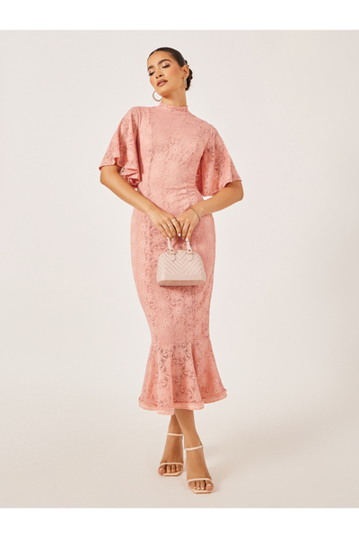 Styli فستان متوسط الطول من الدانتيل بأكمام منفوخة