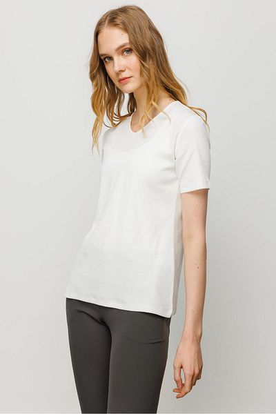 Desen Triko Tricou din bumbac cu decolteu în V pentru damă, alb