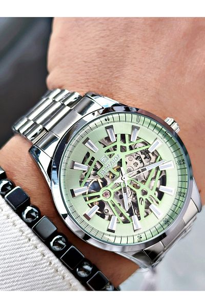 Reward Silver Color Skeleton Model Automatic Steel Band Men Wristwatch + Bracelet