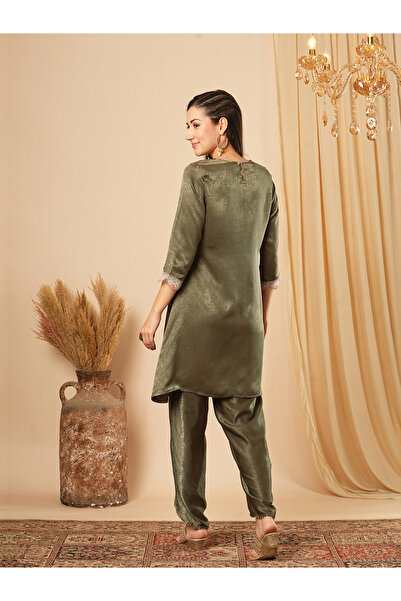 Globus Sequined Yoke Scalloped Sleeves Velvet Kurta and Dhoti Pants Co-Ords