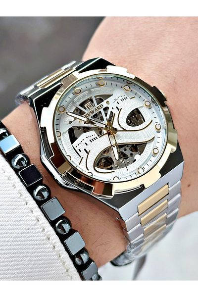 Reward Gold Silver Color Kaaba Pattern Automatic Mechanism Men Wristwatch + Bracelet