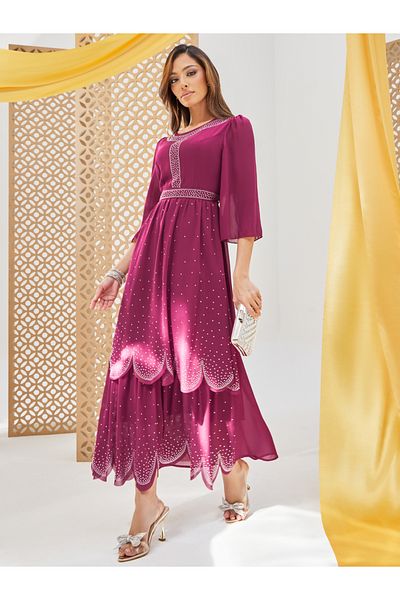 Styli Embellished Round Neck Tiered Maxi Dress with 3/4th Sleeves