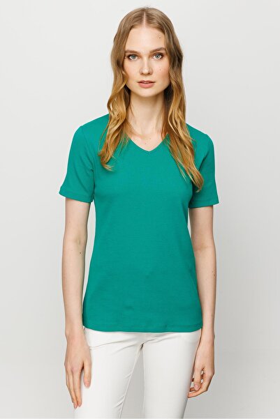 Desen Triko Γυναικείο βαμβακερό μπλουζάκι καμισόλε με λαιμόκοψη σε πράσινο χρώμα