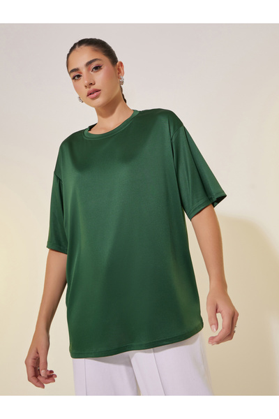 Take Two By Styli Women Green Slogan Print Short Sleeve Oversized T-Shirt