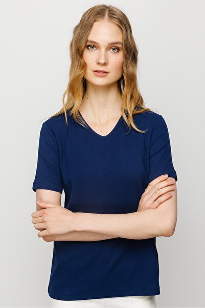 Desen Triko Γυναικείο T-shirt με λαιμόκοψη V βαμβακερό μπλουζάκι Navy Blue