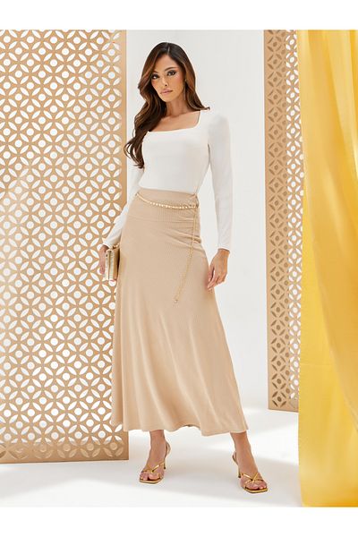 Styli Ribbed A-Line Maxi Skirt with Chain Detail