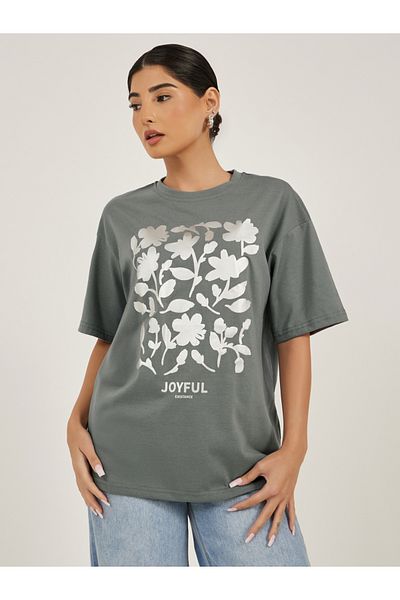 Styli Floral Foil Graphic Oversized Round Neck T-Shirt