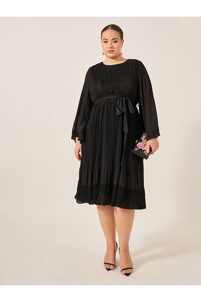 Styli Plus Size Pleated Tie-Waist A-Line Midi Dress