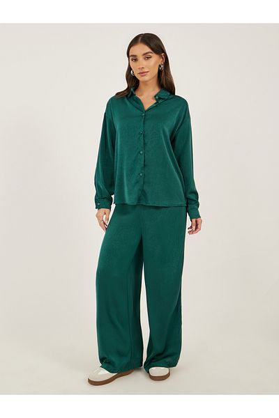 Styli Women Green Textured Satin Shirt and Wide Leg Trousers Co-Ords