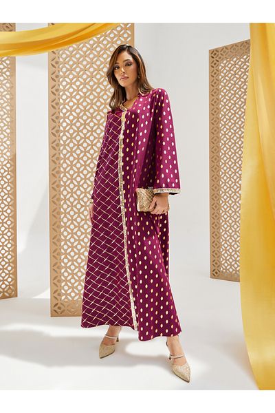 Styli Foil Printed Collared Jalabiya with Lace Detail