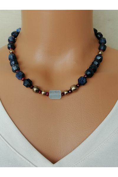 LemaStone Natural Stone Necklace, Earrings; Designed with Lapis Lazuli, Garnet Garnet, Aquamarine and Hematite Stones.