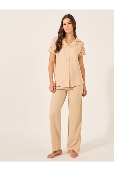 Styli Women Beige Solid Jersey Short Sleeve Shirt and Pyjama Set