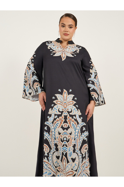 Styli Plus Size Stand Collar Printed A-Line Jalabyia