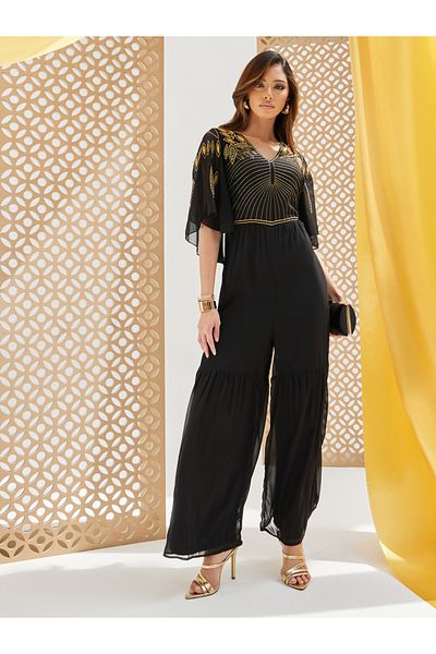 Styli Plisse Wide Leg Embroidered V-Neck Jumpsuit