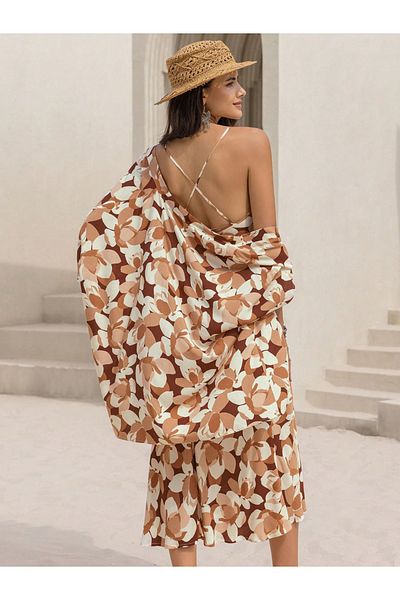 Russty Dustty By Styli All-Over Print Strappy Midi Dress with Open Front Cardigan Set